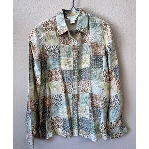90s Vintage Abstract Animal Print Silk Button Up Blouse